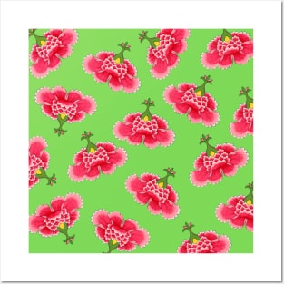 Chinese Vintage Pink and Red Flowers with Vivid Lime Green - Hong Kong Traditional Floral Pattern Posters and Art